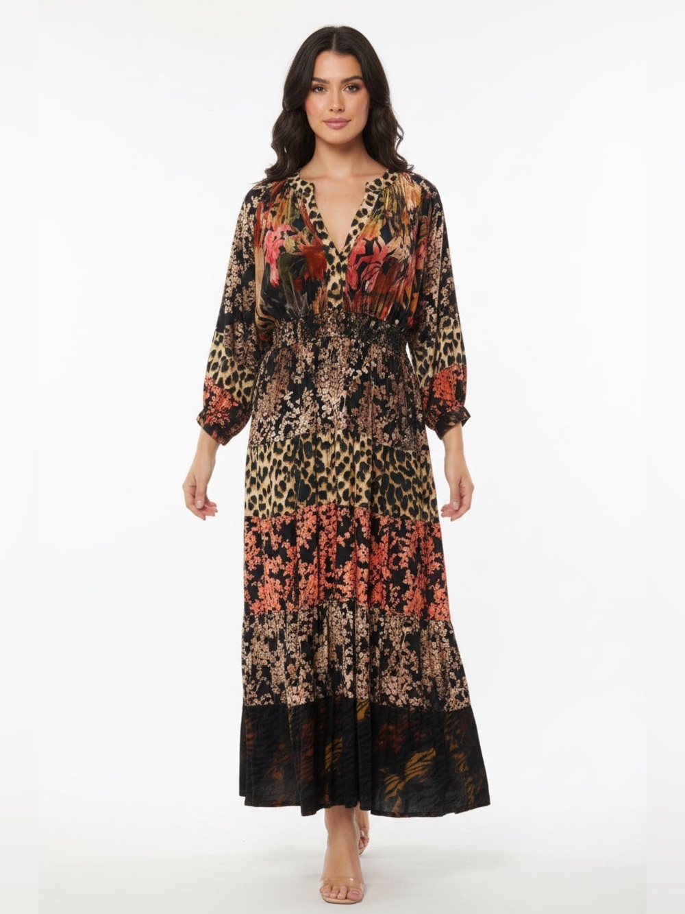 Mixed-Print Tiered Maxi Dress - Black Multi - Picture 1 of 12